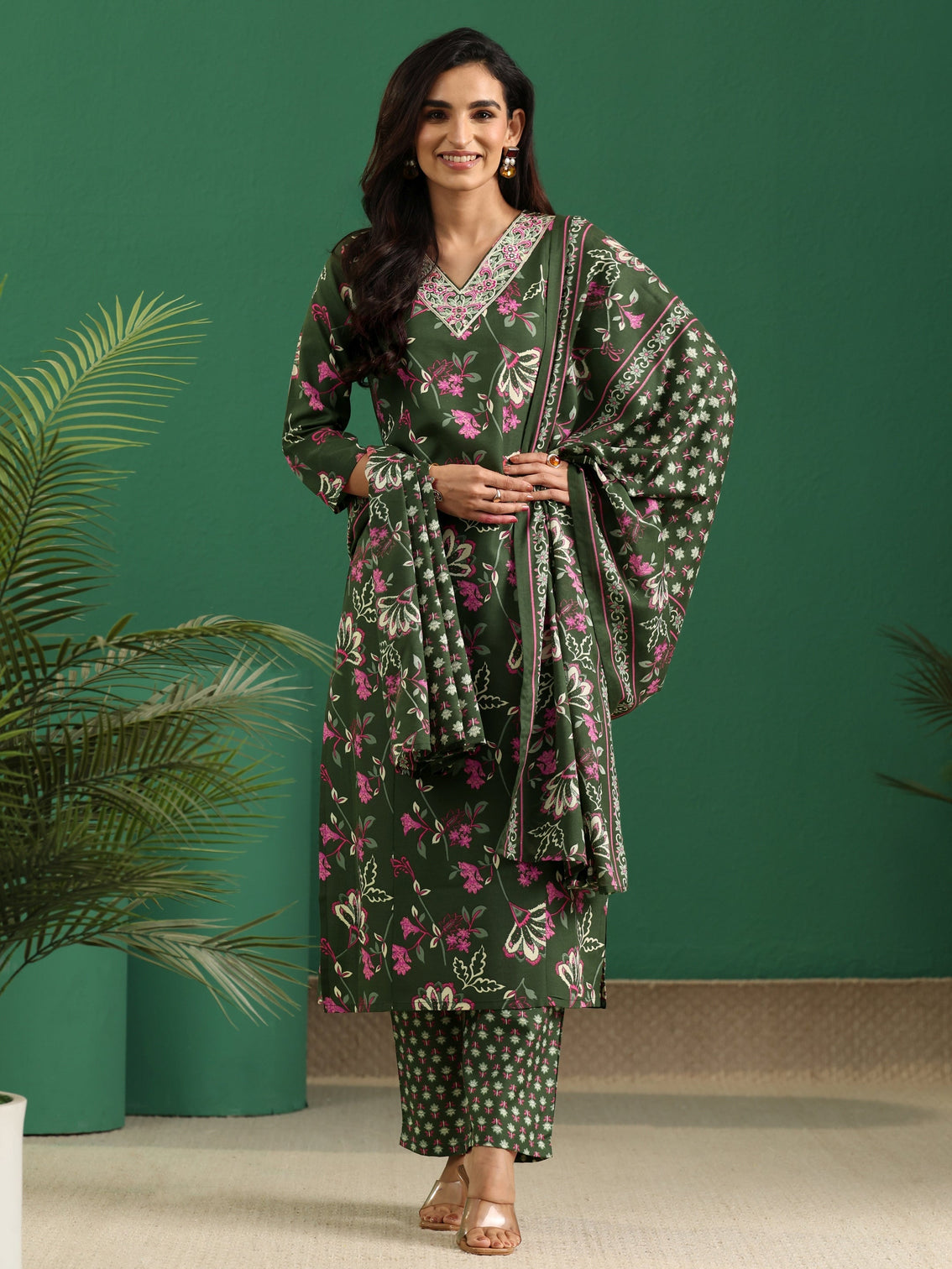 Mameraa Olive Green Floral Printed A-Line Suit Set