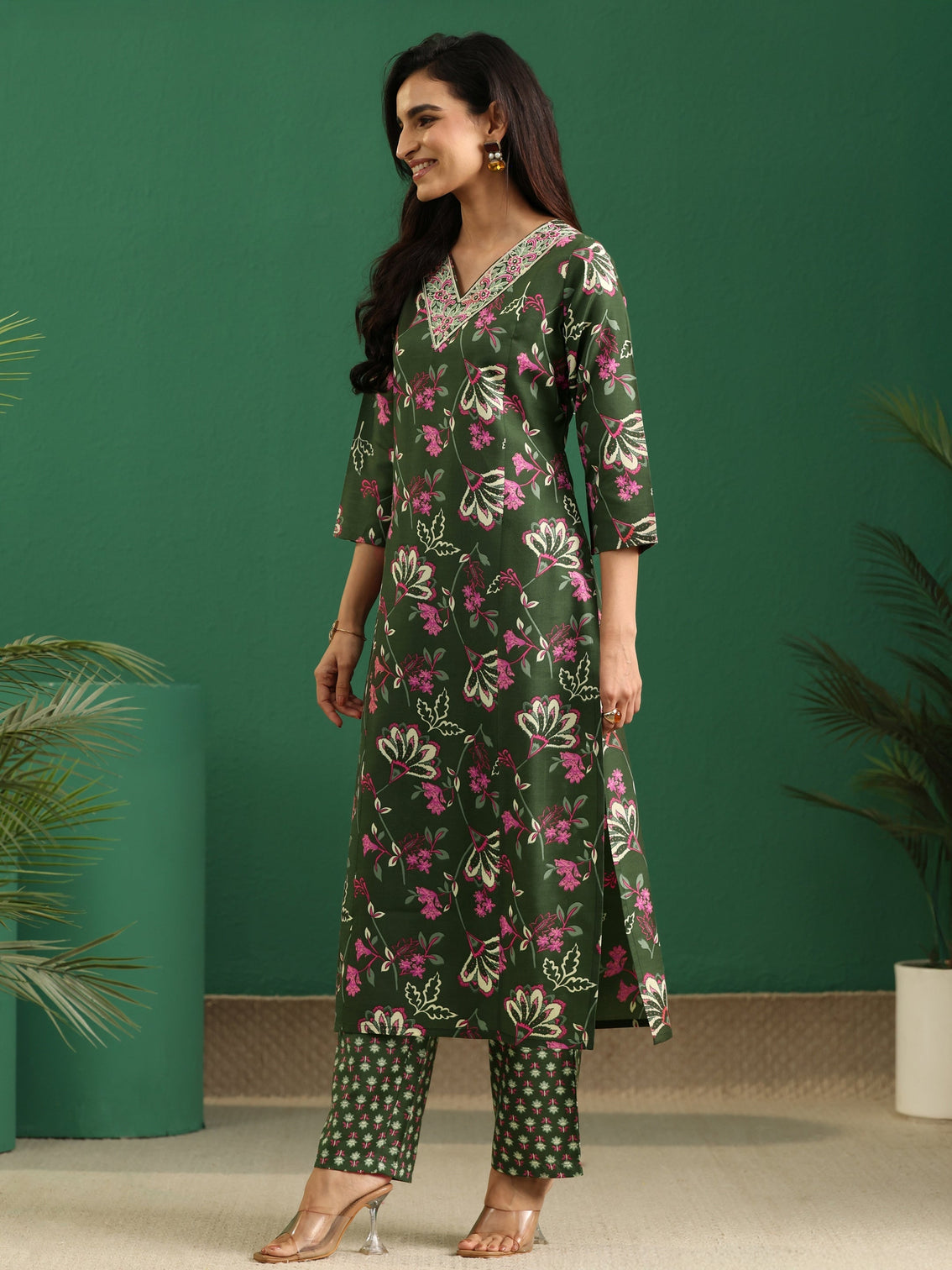 Mameraa Olive Green Floral Printed A-Line Suit Set