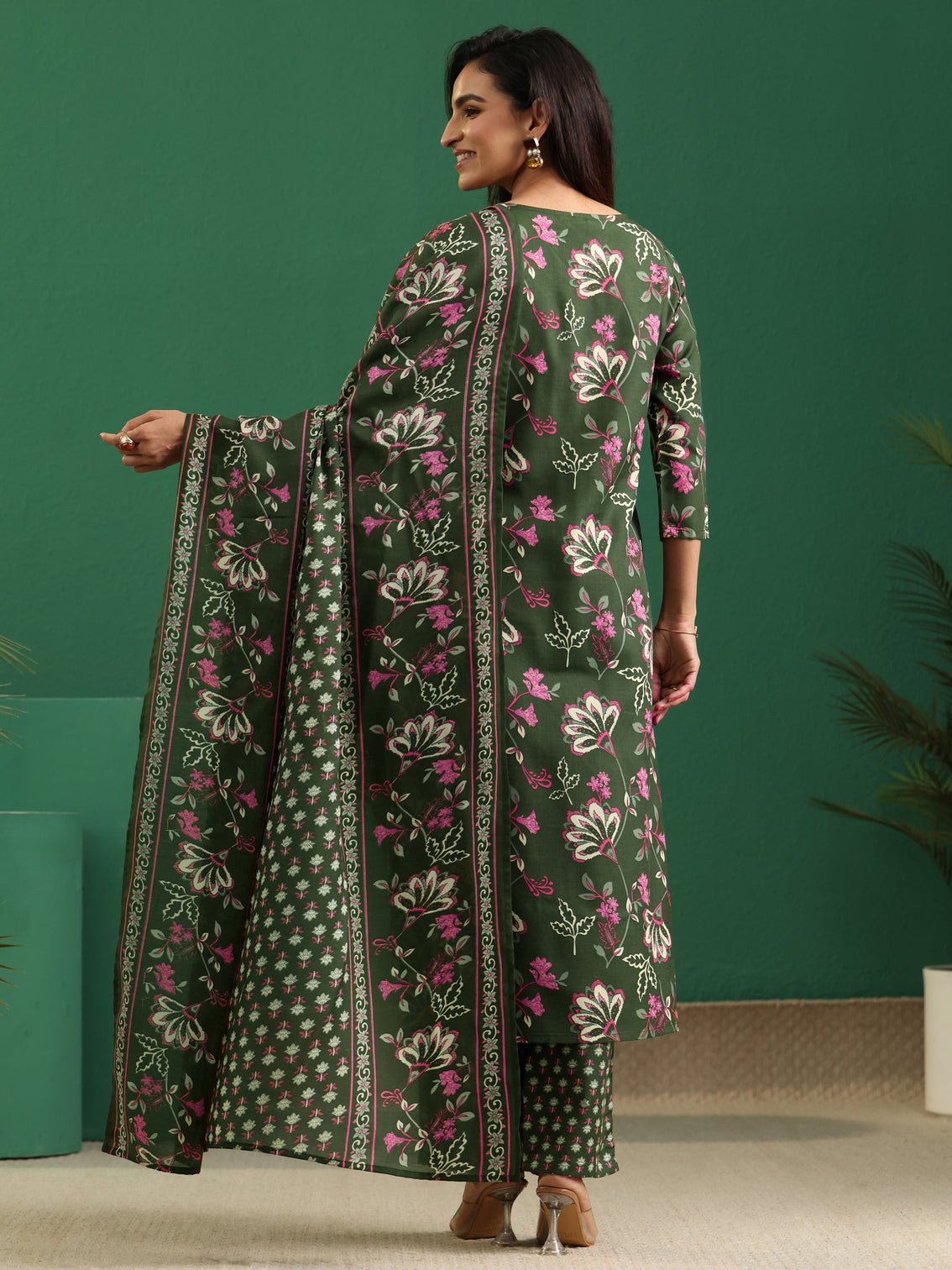 Mameraa Olive Green Floral Printed A-Line Suit Set