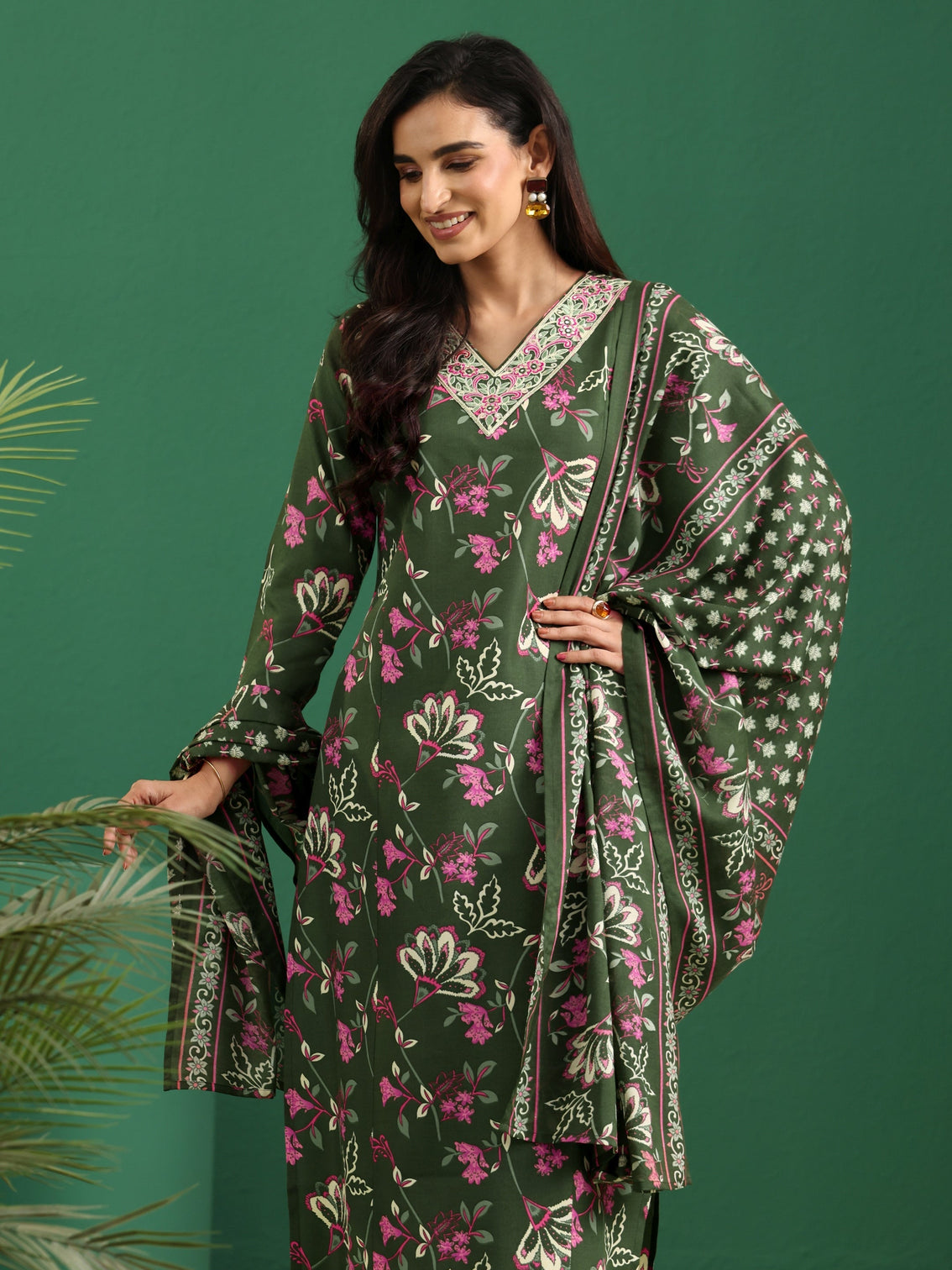 Mameraa Olive Green Floral Printed A-Line Suit Set