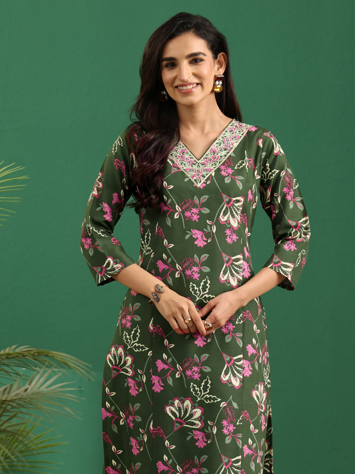 Mameraa Olive Green Floral Printed A-Line Suit Set