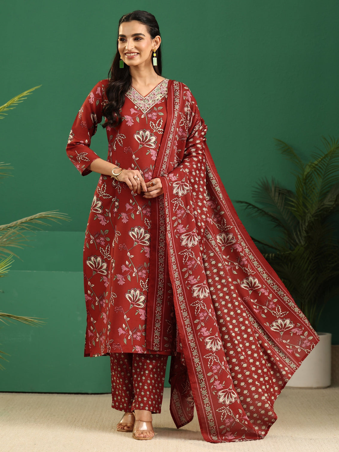 Mameraa Crimson Red Floral Printed A-Line Suit Set