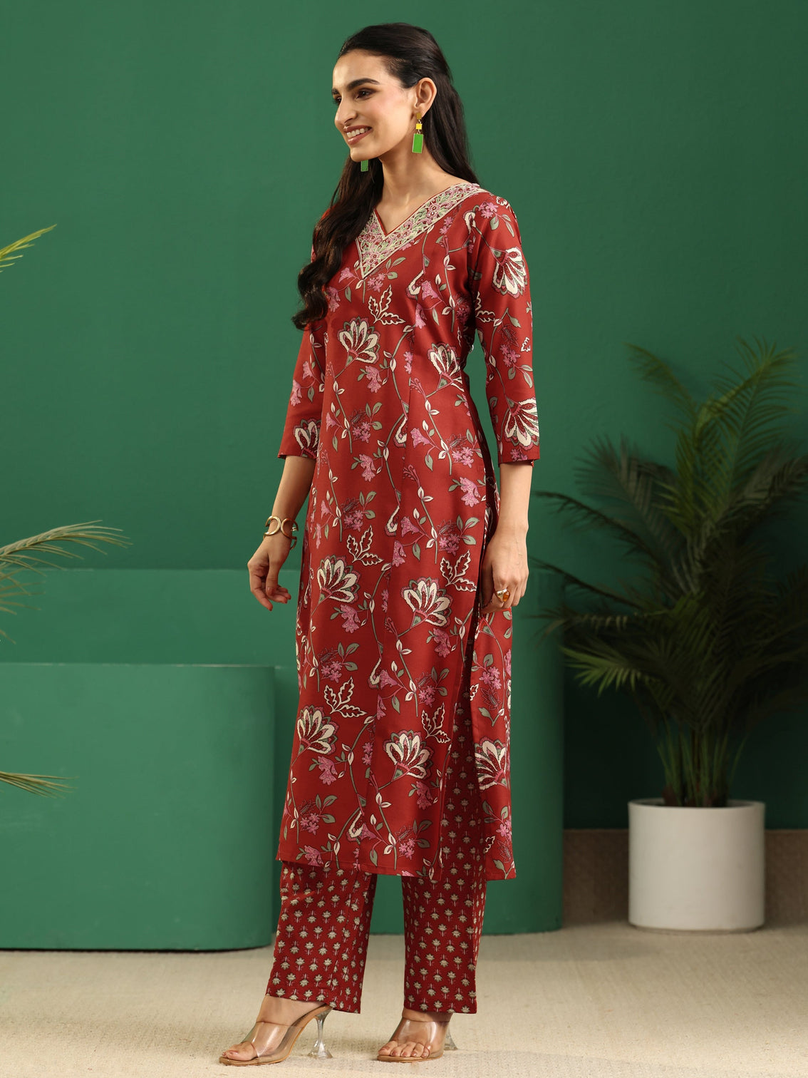 Mameraa Crimson Red Floral Printed A-Line Suit Set