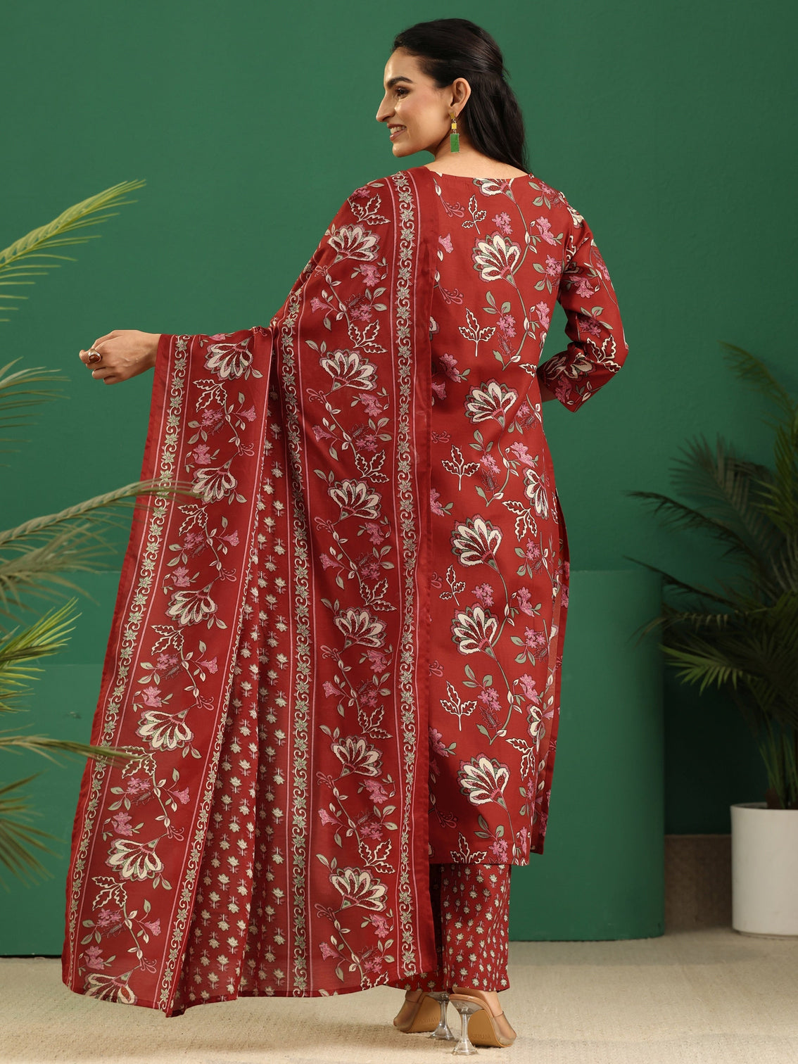 Mameraa Crimson Red Floral Printed A-Line Suit Set