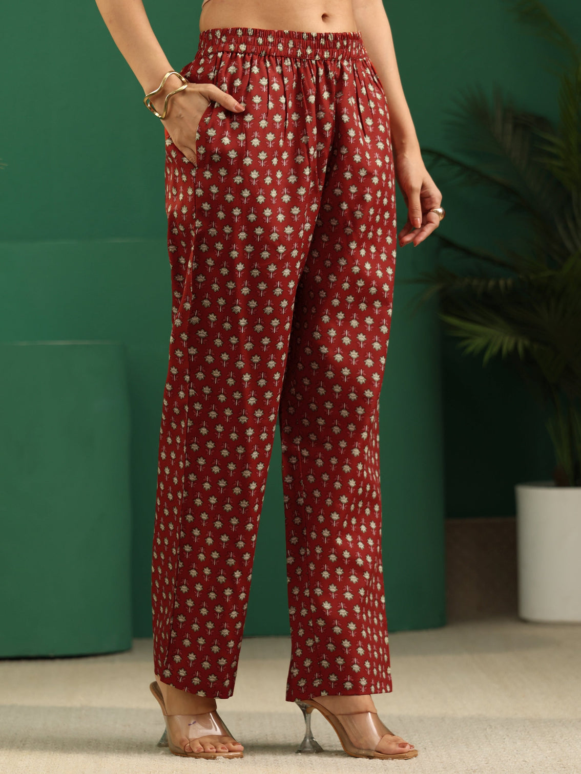 Mameraa Crimson Red Floral Printed A-Line Suit Set