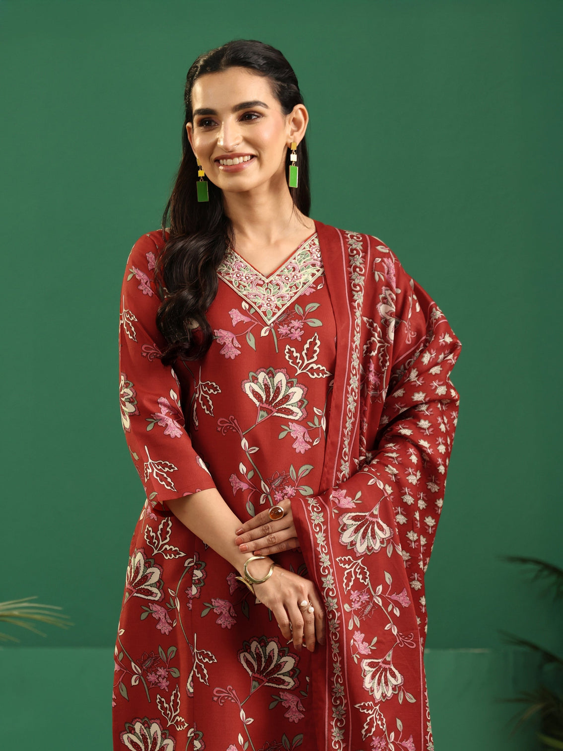Mameraa Crimson Red Floral Printed A-Line Suit Set