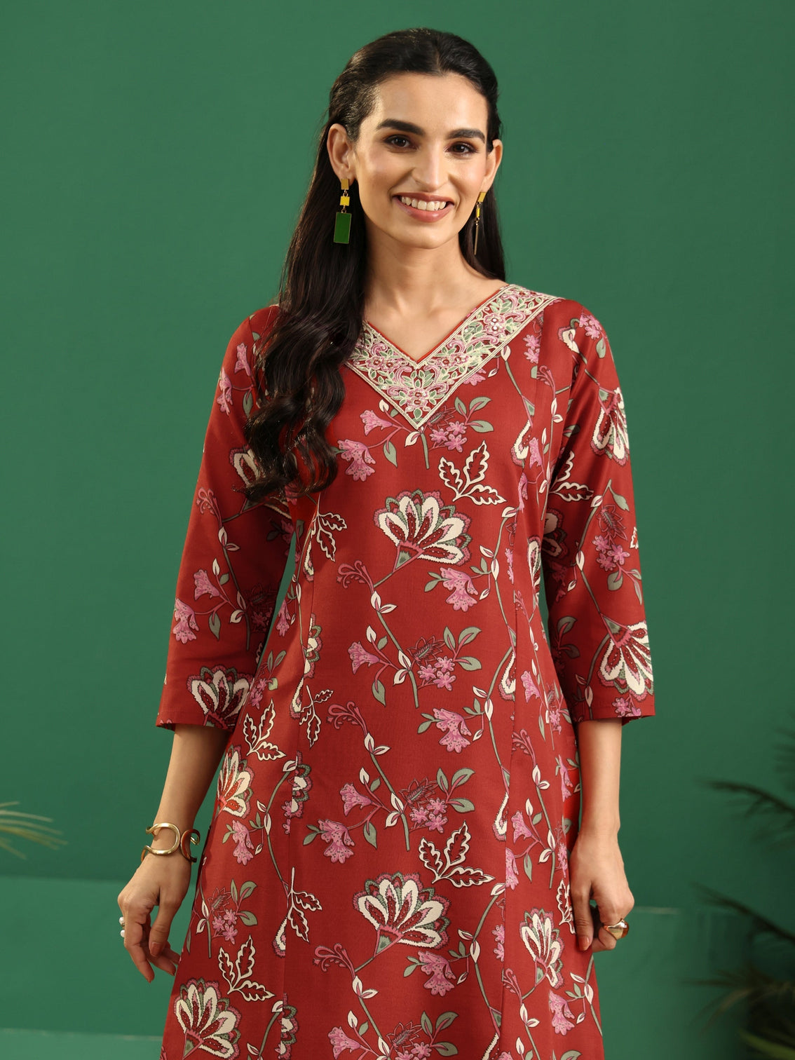 Mameraa Crimson Red Floral Printed A-Line Suit Set