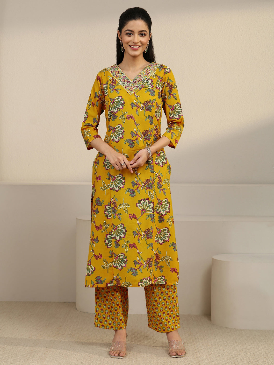 Mameraa Yellow Floral Printed Straight Suit Set
