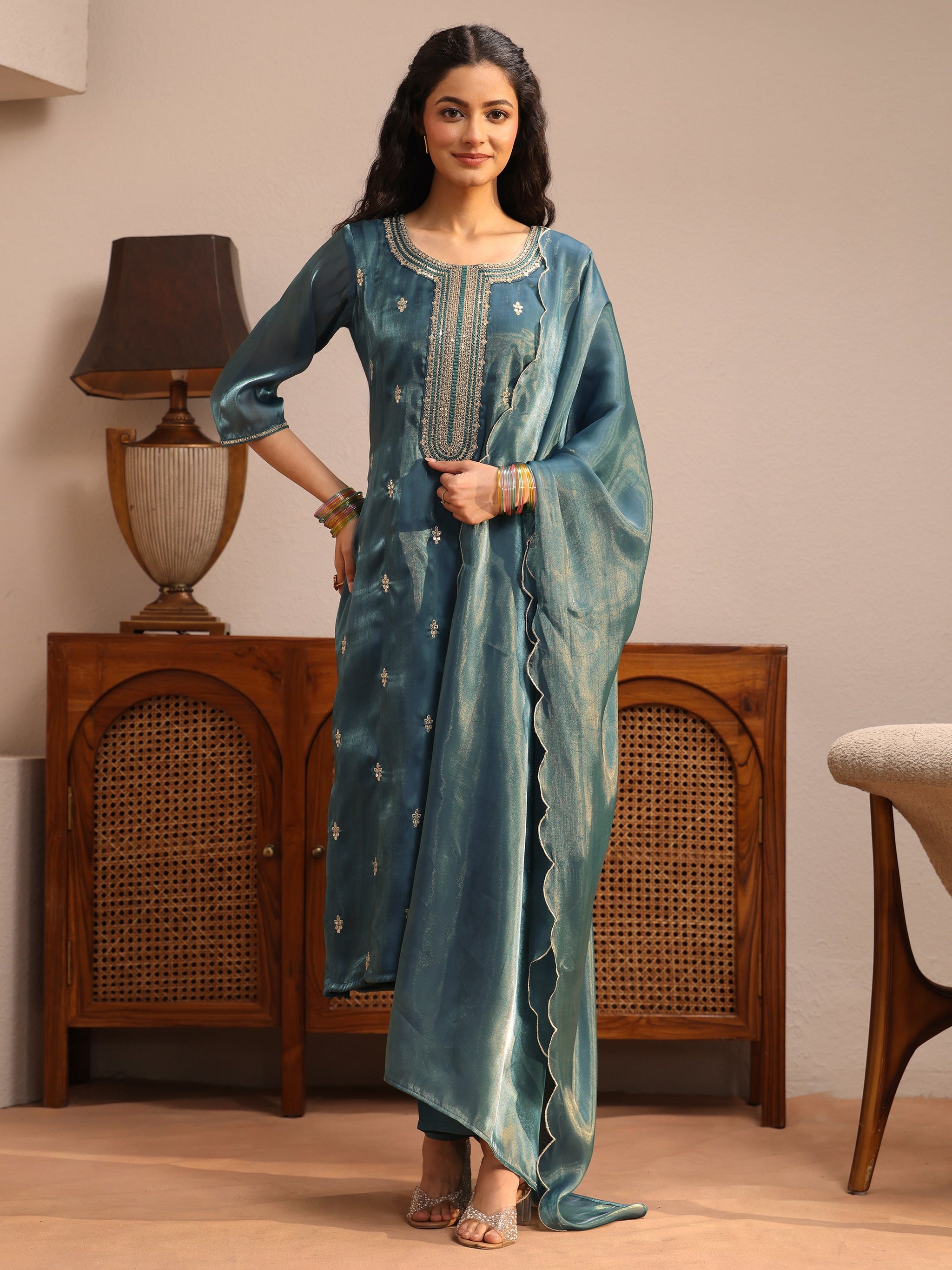 Gerua Teal Ethnic Embroidered Tissue Straight Suit Set
