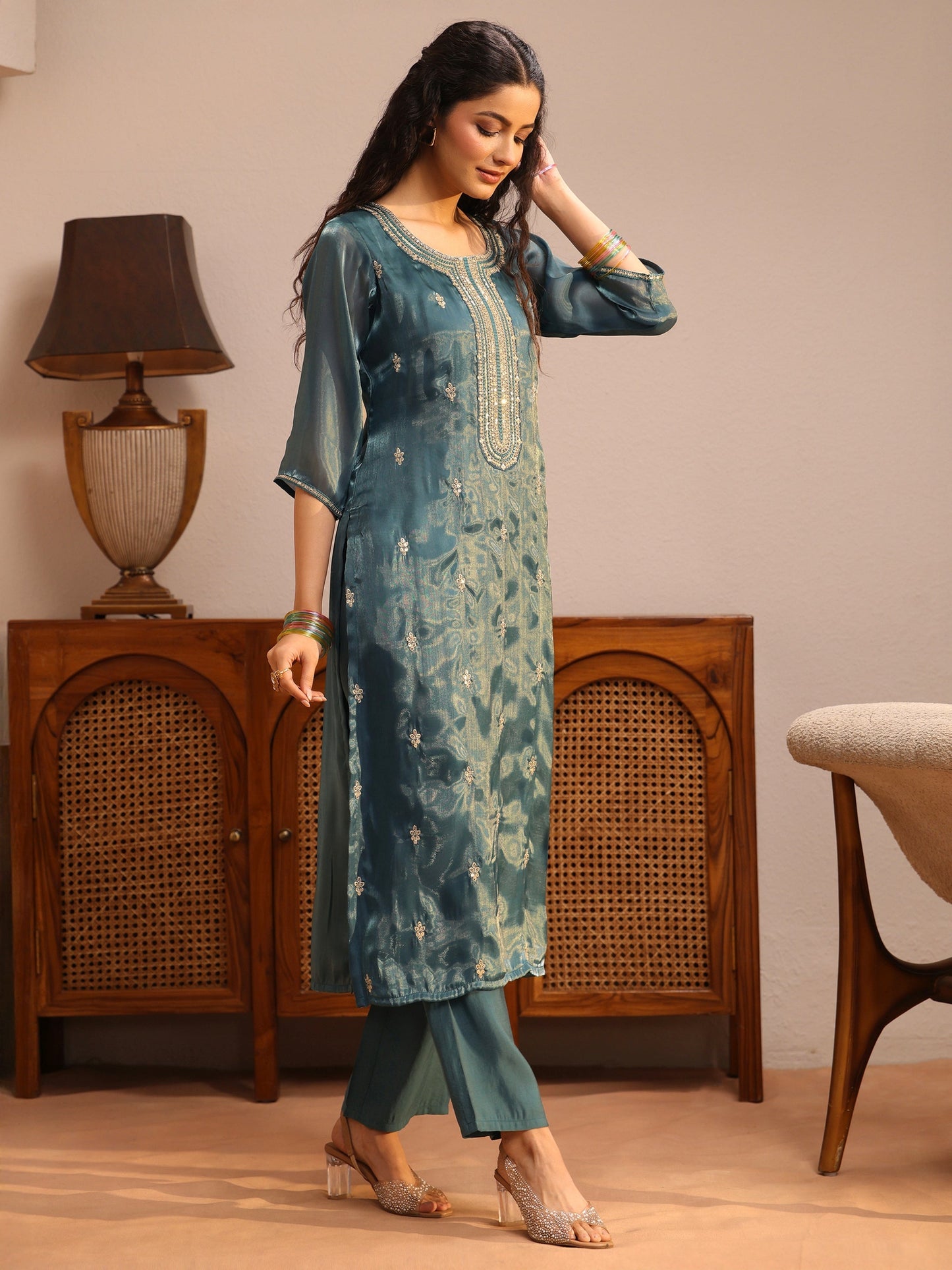 Gerua Teal Ethnic Embroidered Tissue Straight Suit Set