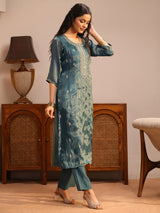 Gerua Teal Ethnic Embroidered Tissue Straight Suit Set