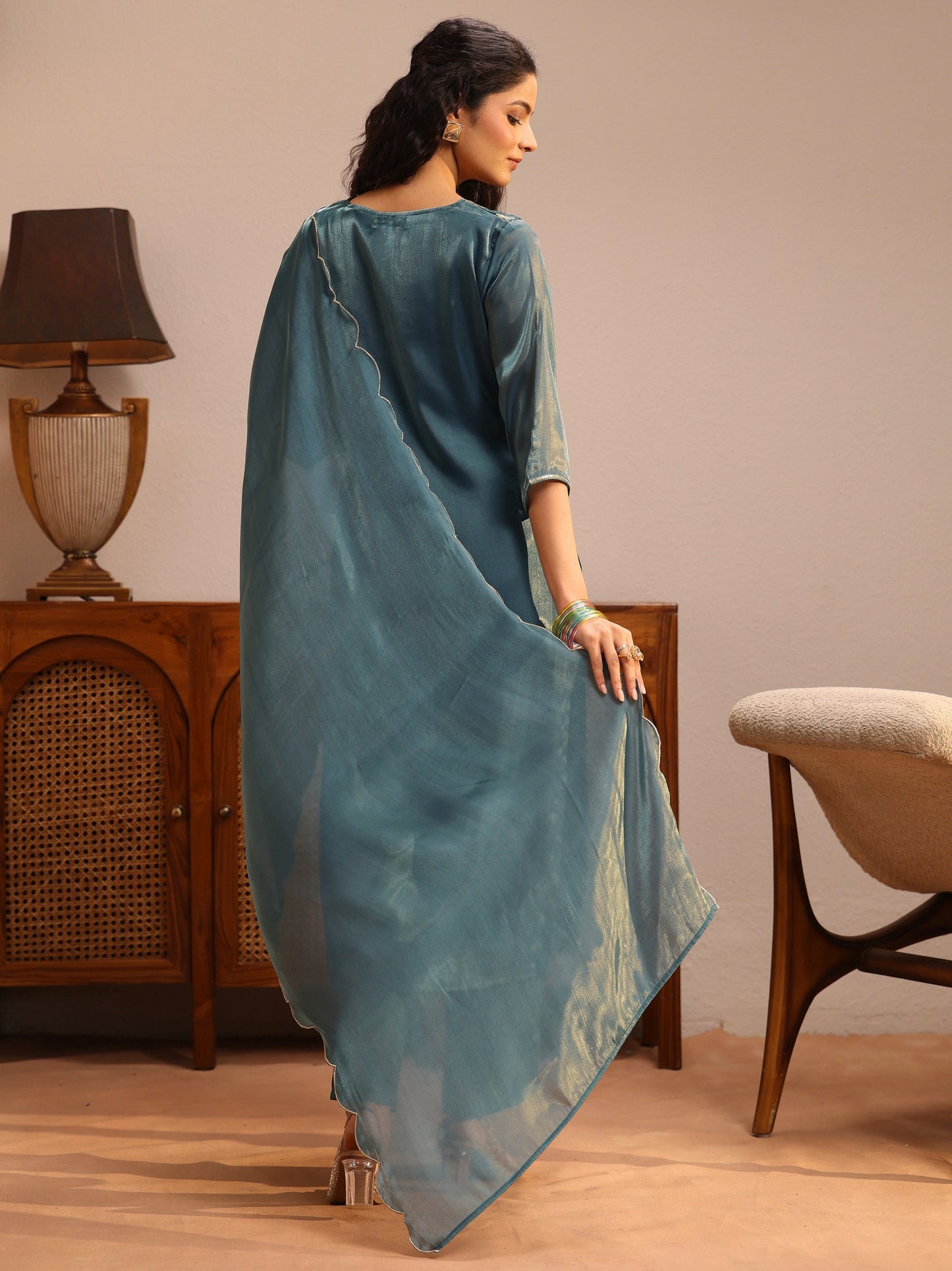 Gerua Teal Ethnic Embroidered Tissue Straight Suit Set