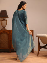 Gerua Teal Ethnic Embroidered Tissue Straight Suit Set