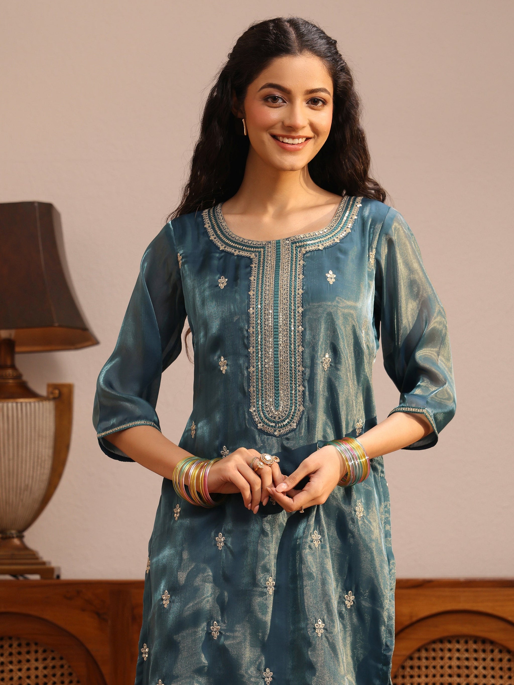 Gerua Teal Ethnic Embroidered Tissue Straight Suit Set