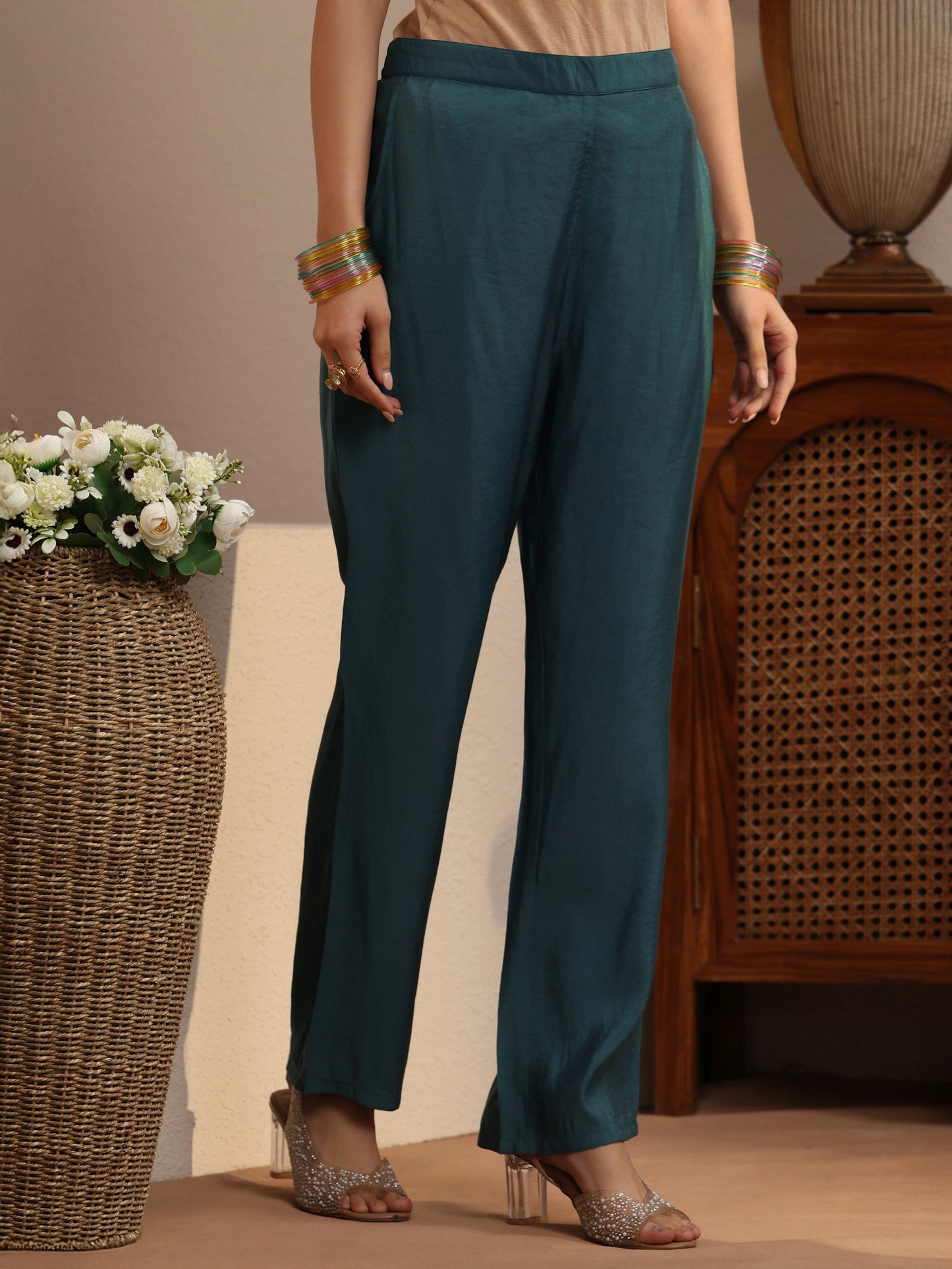 Gerua Teal Ethnic Embroidered Tissue Straight Suit Set