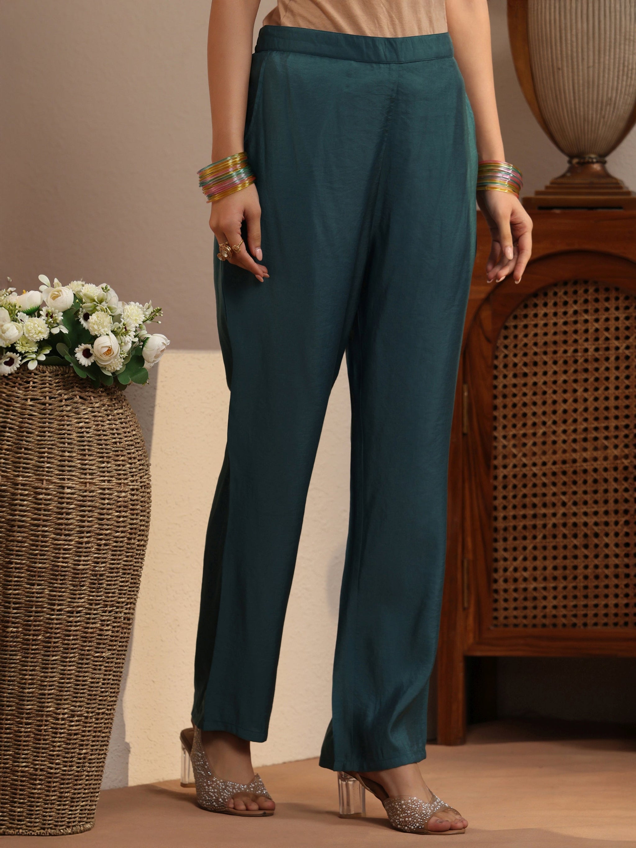 Gerua Teal Ethnic Embroidered Tissue Straight Suit Set