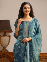 Gerua Teal Ethnic Embroidered Tissue Straight Suit Set