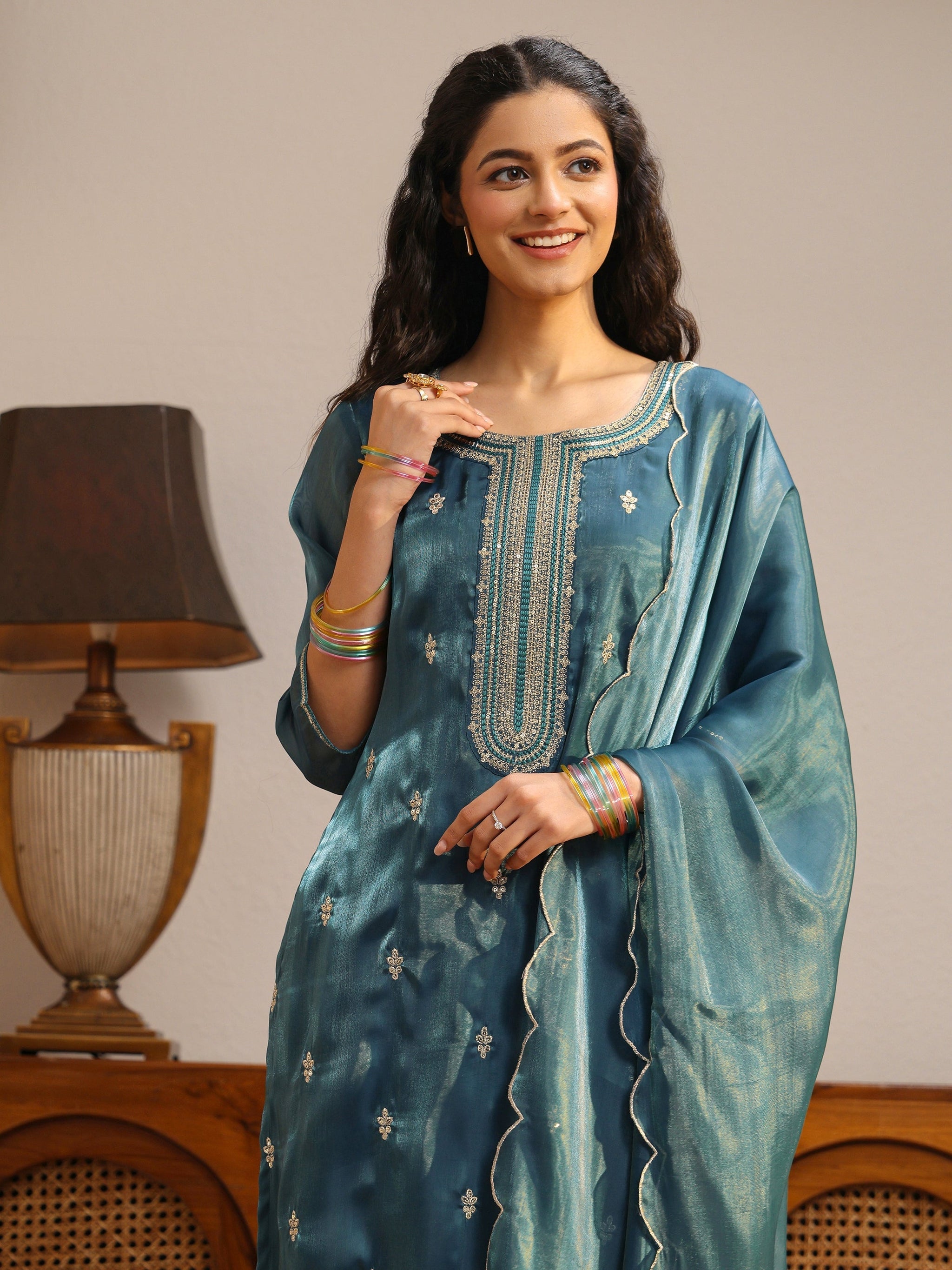 Gerua Teal Ethnic Embroidered Tissue Straight Suit Set