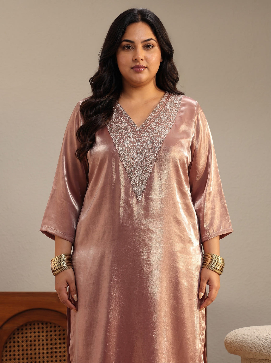 Plus Size Peach Yoke Design Tissue Straight Suit Set