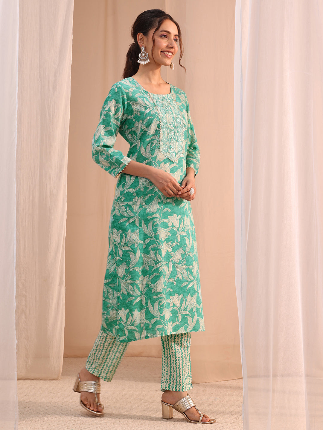 Mameraa Turquoise Yoke Embroidered Cotton Blend Straight Suit Set