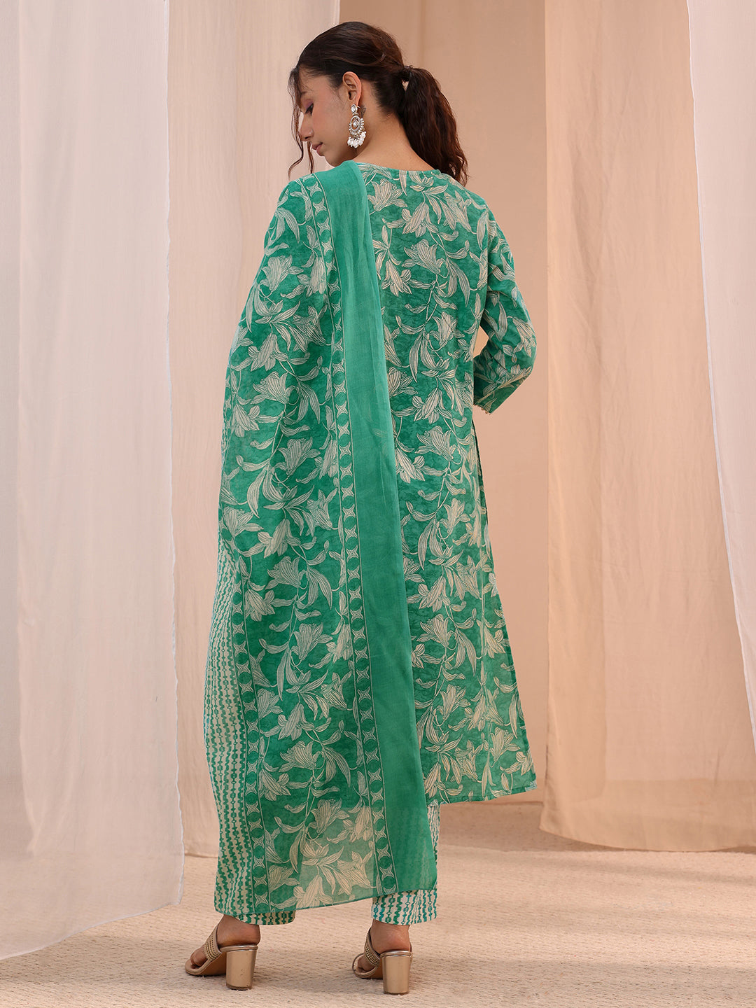 Mameraa Turquoise Yoke Embroidered Cotton Blend Straight Suit Set