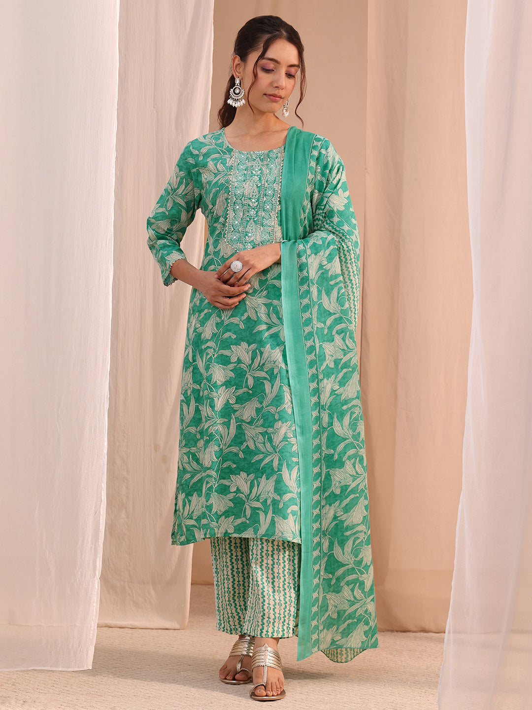 Mameraa Turquoise Yoke Embroidered Cotton Blend Straight Suit Set