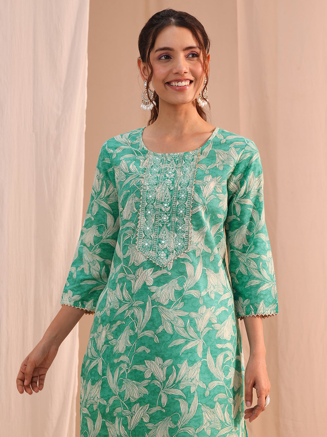 Mameraa Turquoise Yoke Embroidered Cotton Blend Straight Suit Set