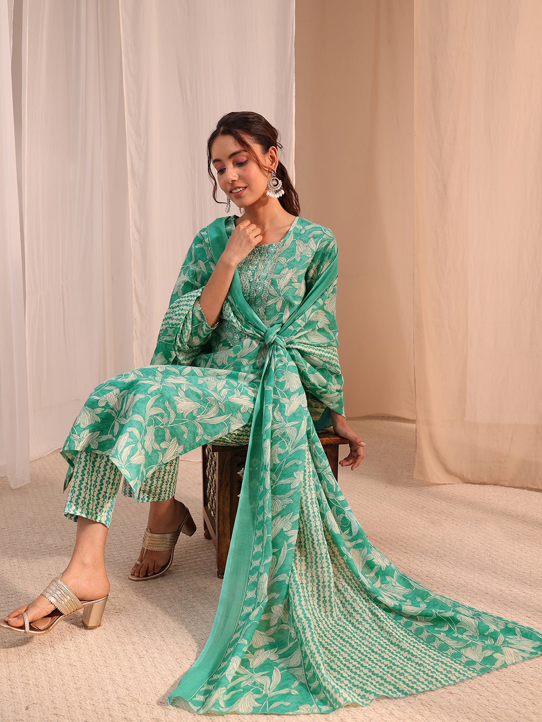 Mameraa Turquoise Yoke Embroidered Cotton Blend Straight Suit Set