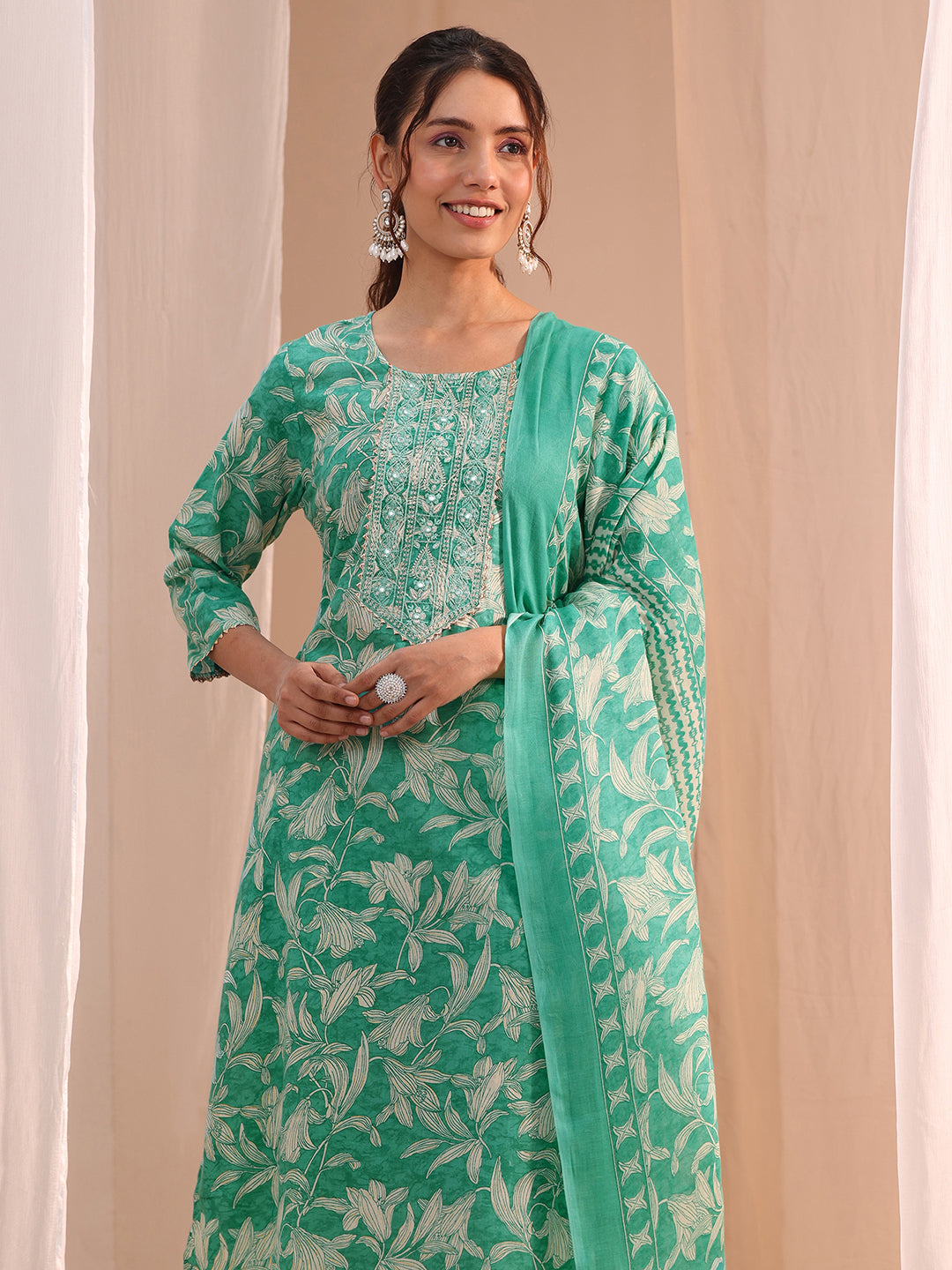 Mameraa Turquoise Yoke Embroidered Cotton Blend Straight Suit Set