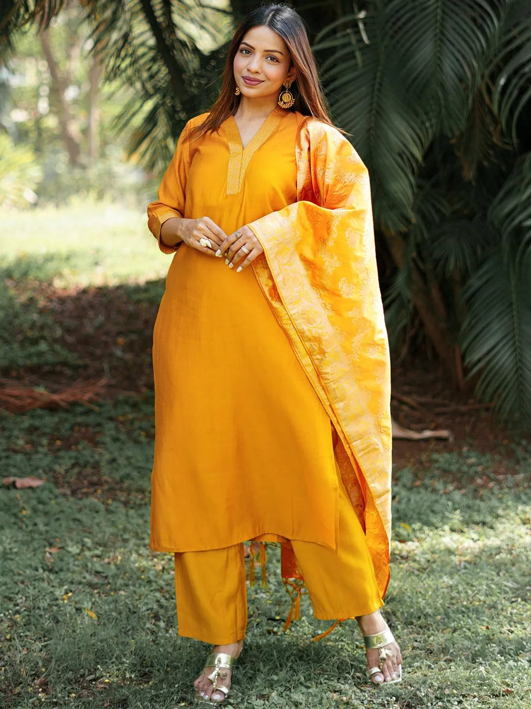 Mameraa Mustard Solid Straight Suit With Dupatta