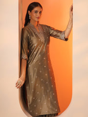 Mameraa Brown Embroidered Straight Kurta Set - Mameraa