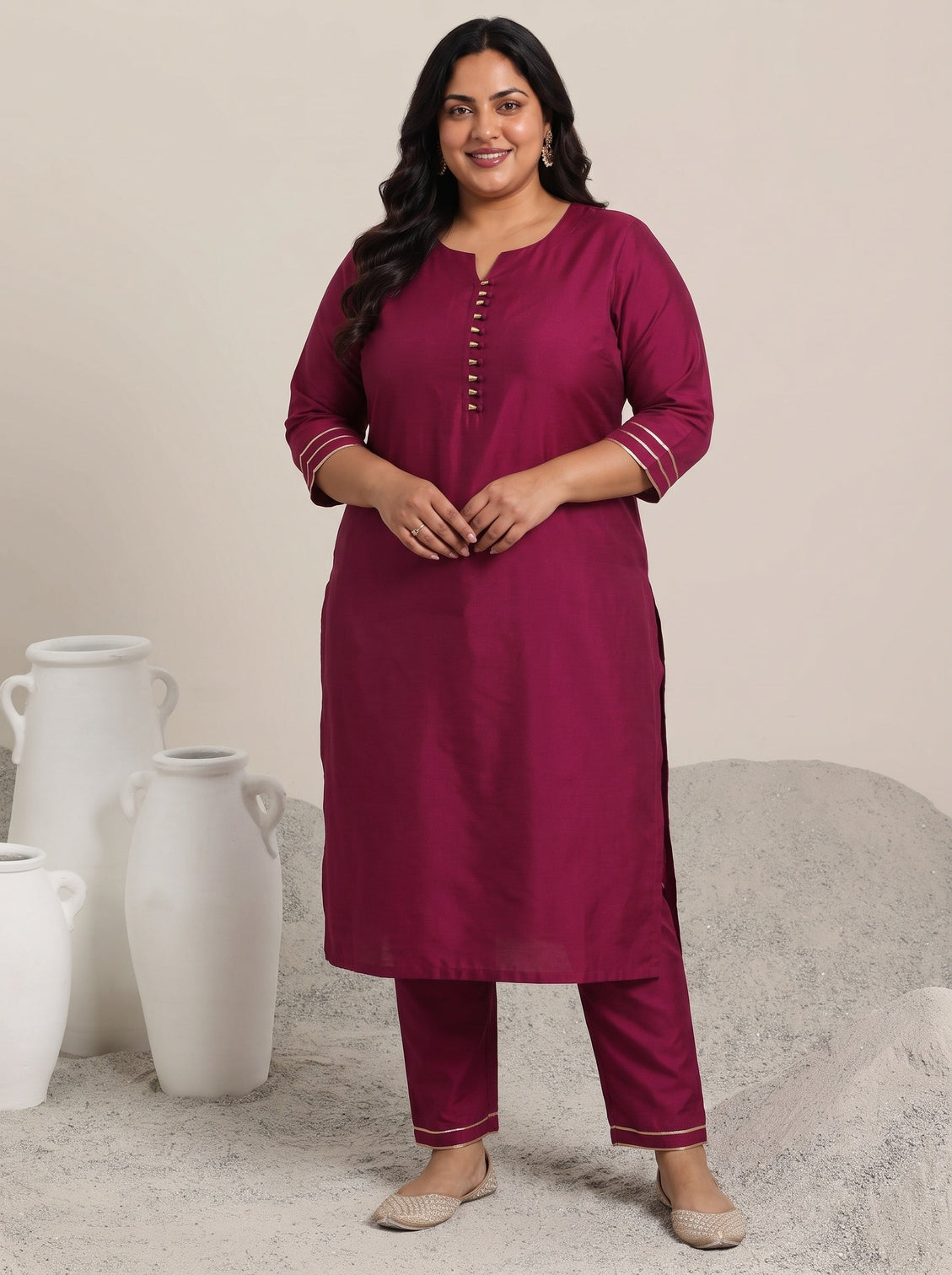 Plus Size Pink Solid Silk Blend Straight Suit With Dupatta