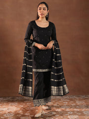 Mameraa Black Embroidered Straight Suit Set With Dupatta