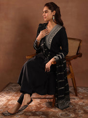 Mameraa Black Embroidered A-Line Suit Set With Dupatta - Mameraa