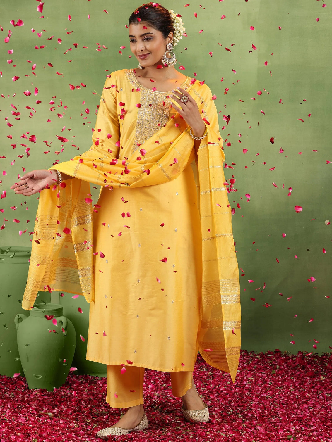 Mameraa Yellow Embroidered Straight Suit With Dupatta