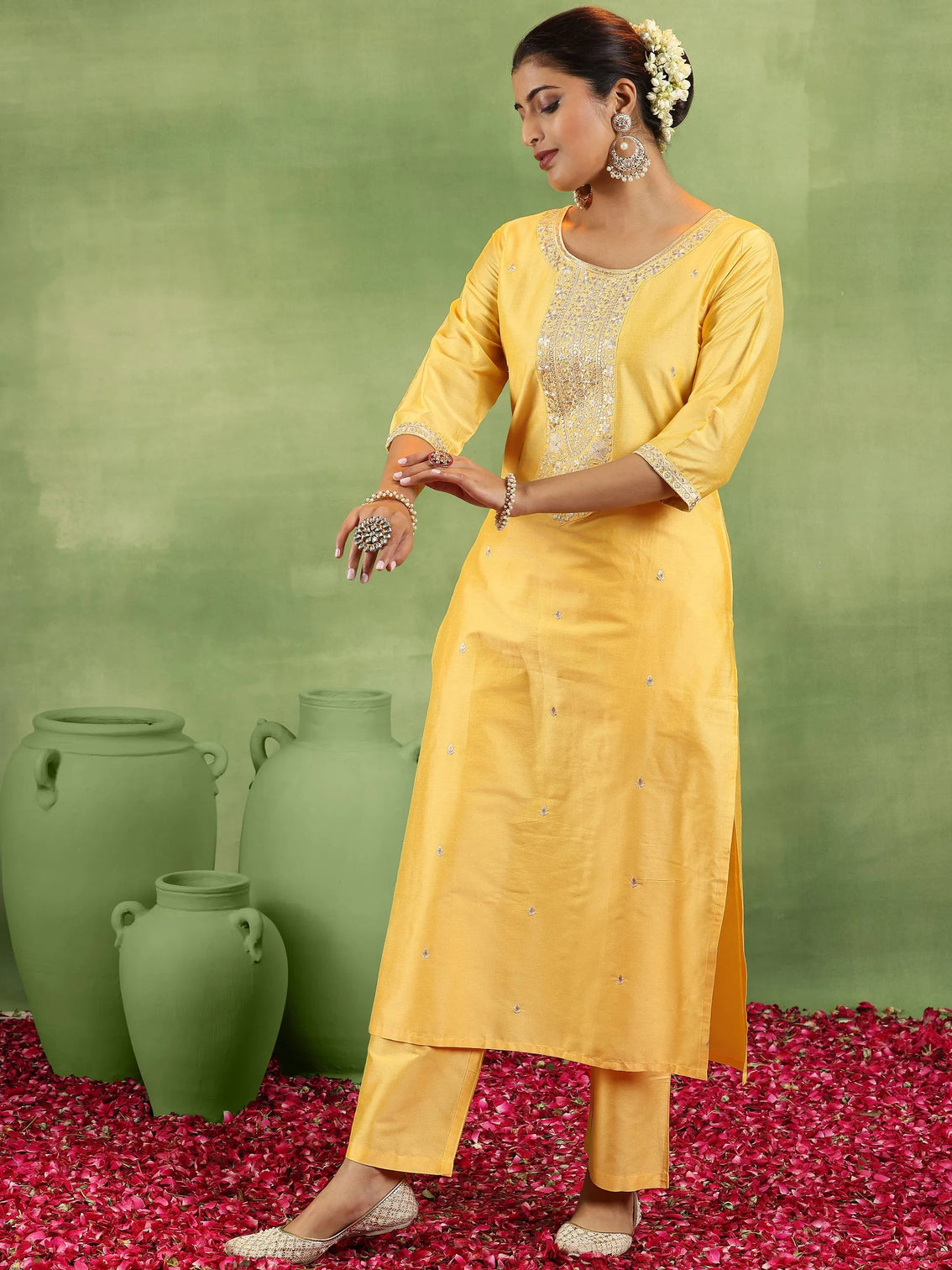 Mameraa Yellow Embroidered Straight Suit With Dupatta
