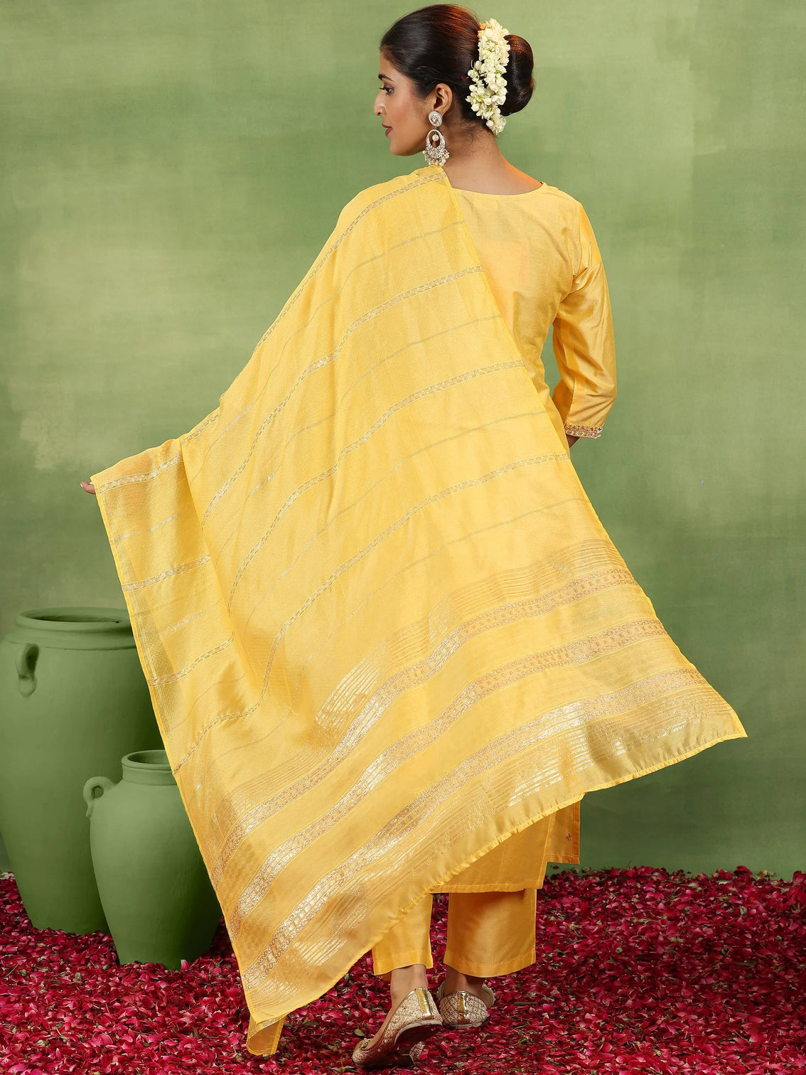 Mameraa Yellow Embroidered Straight Suit With Dupatta