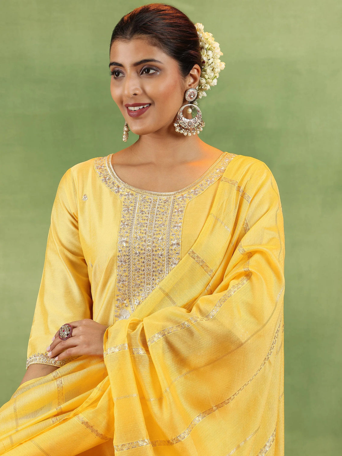 Mameraa Yellow Embroidered Straight Suit With Dupatta