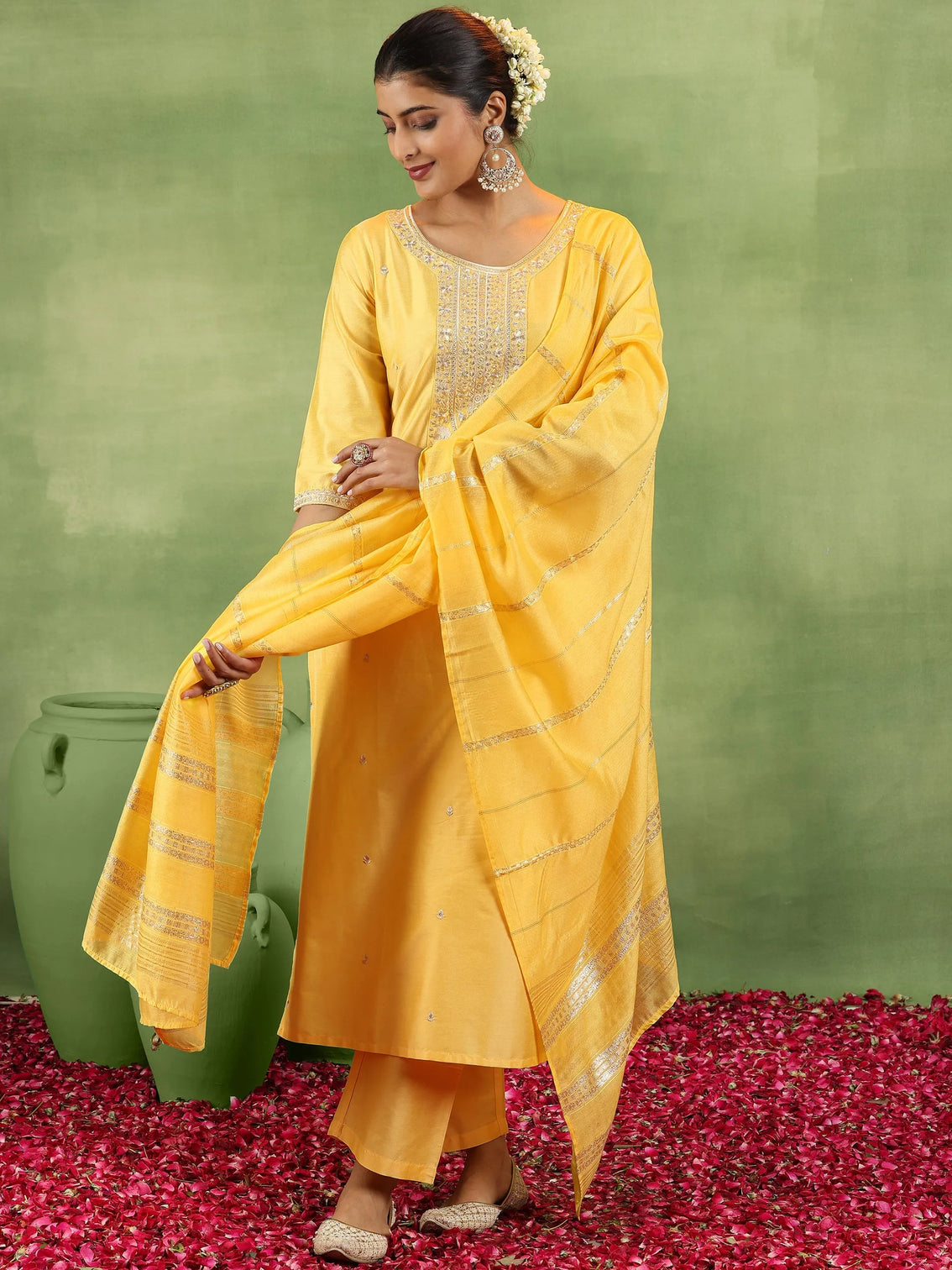 Mameraa Yellow Embroidered Straight Suit With Dupatta
