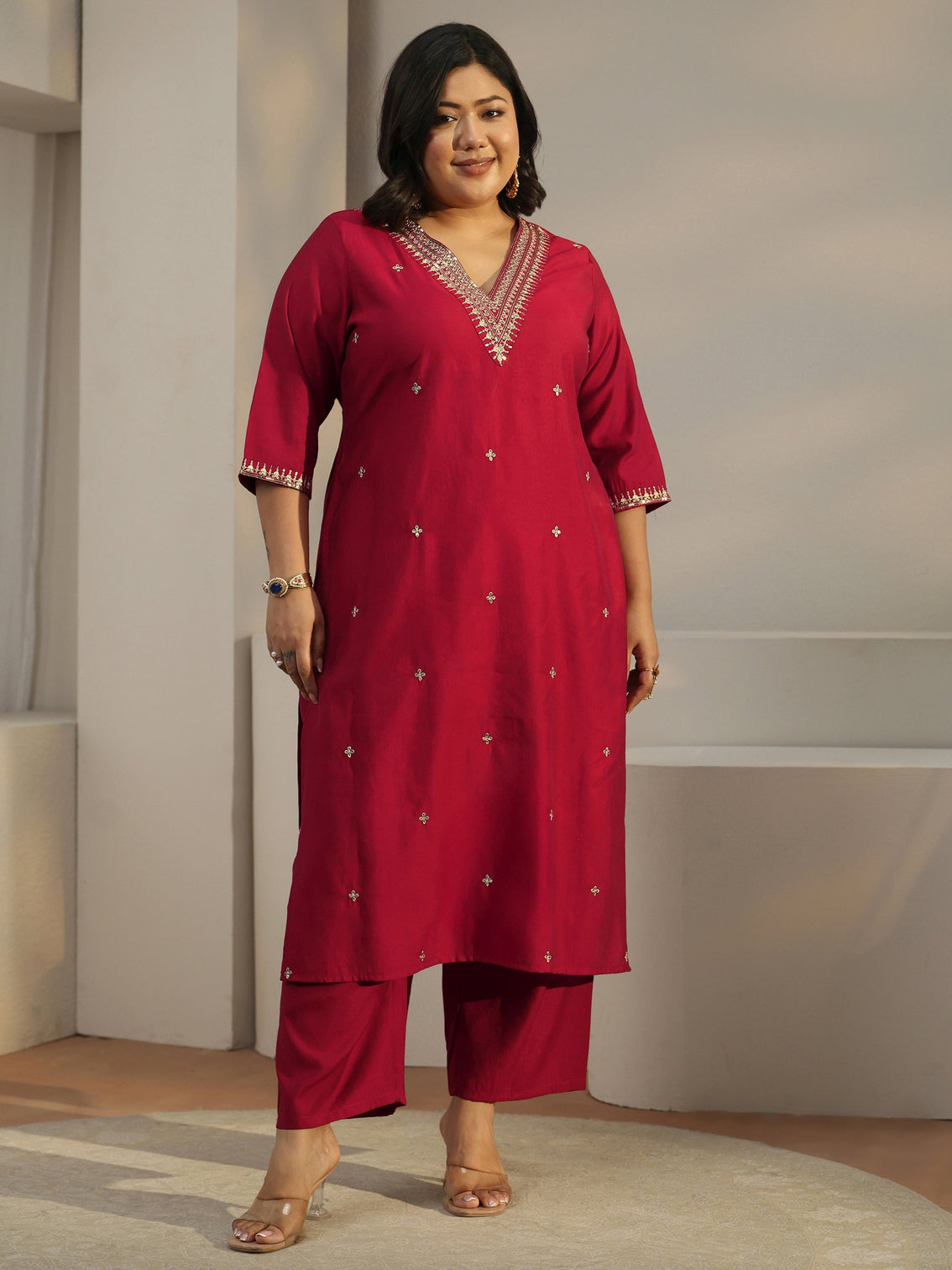 Plus Size Red Embroidered Silk Blend Straight Kurta Set