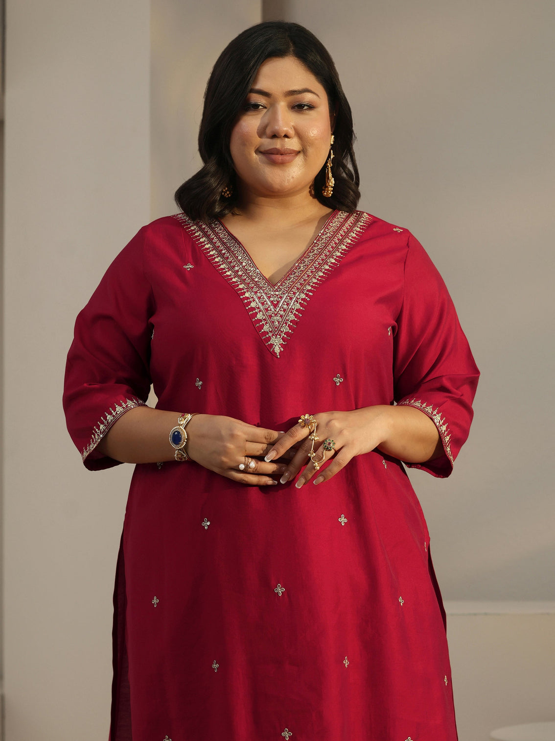 Plus Size Red Embroidered Silk Blend Straight Kurta Set
