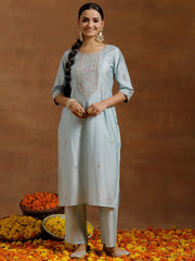 Mameraa Blue Embroidered Straight Kurta Set