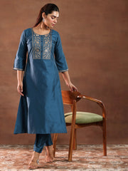 Mameraa Blue Yoke Design A-Line Kurta With Trousers