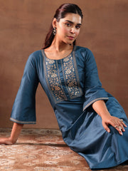 Mameraa Blue Yoke Design A-Line Kurta With Trousers - Mameraa