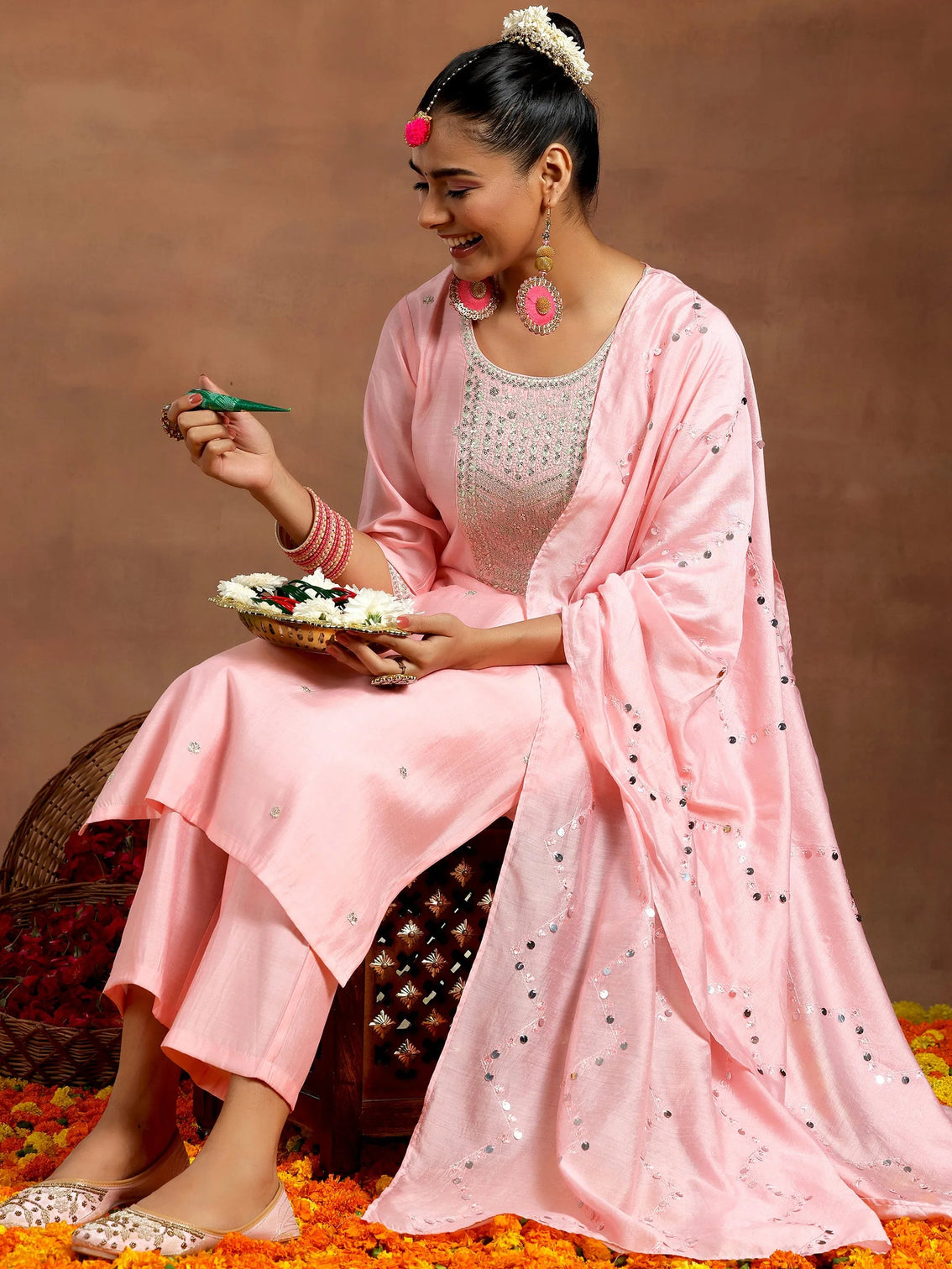 Mameraa Peach Yoke Design Straight Suit With Dupatta