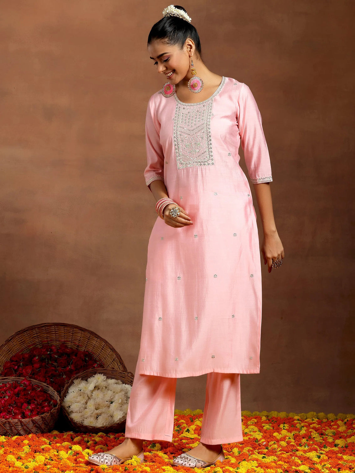 Mameraa Peach Yoke Design Straight Suit With Dupatta