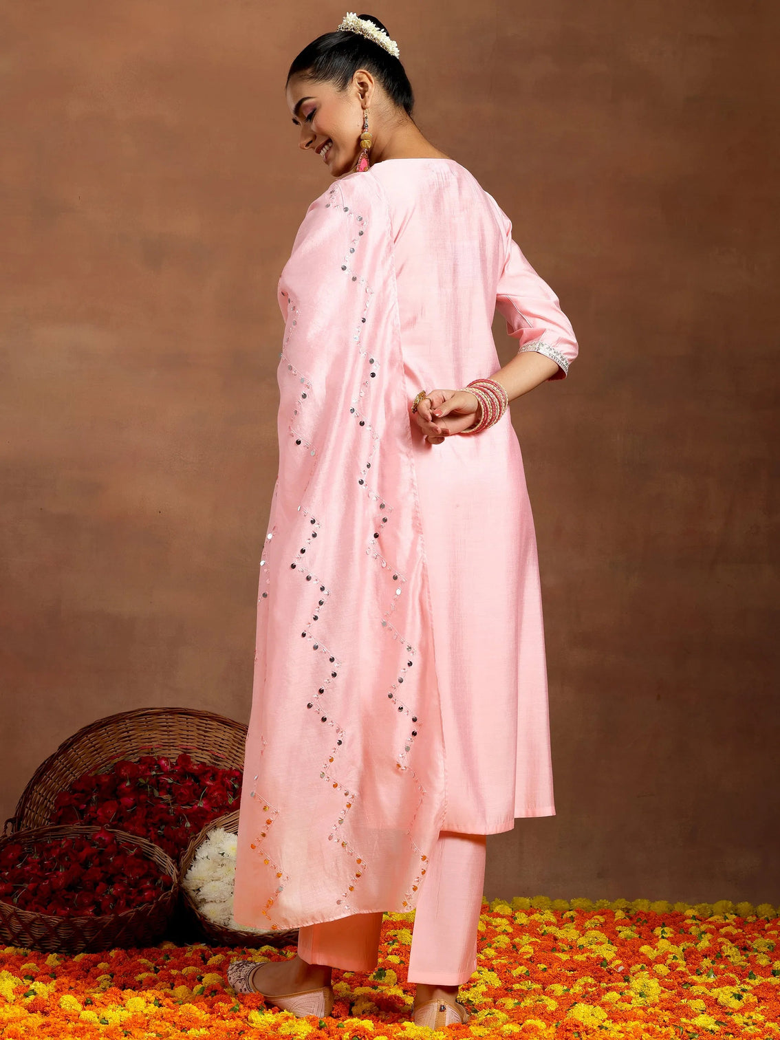 Mameraa Peach Yoke Design Straight Suit With Dupatta