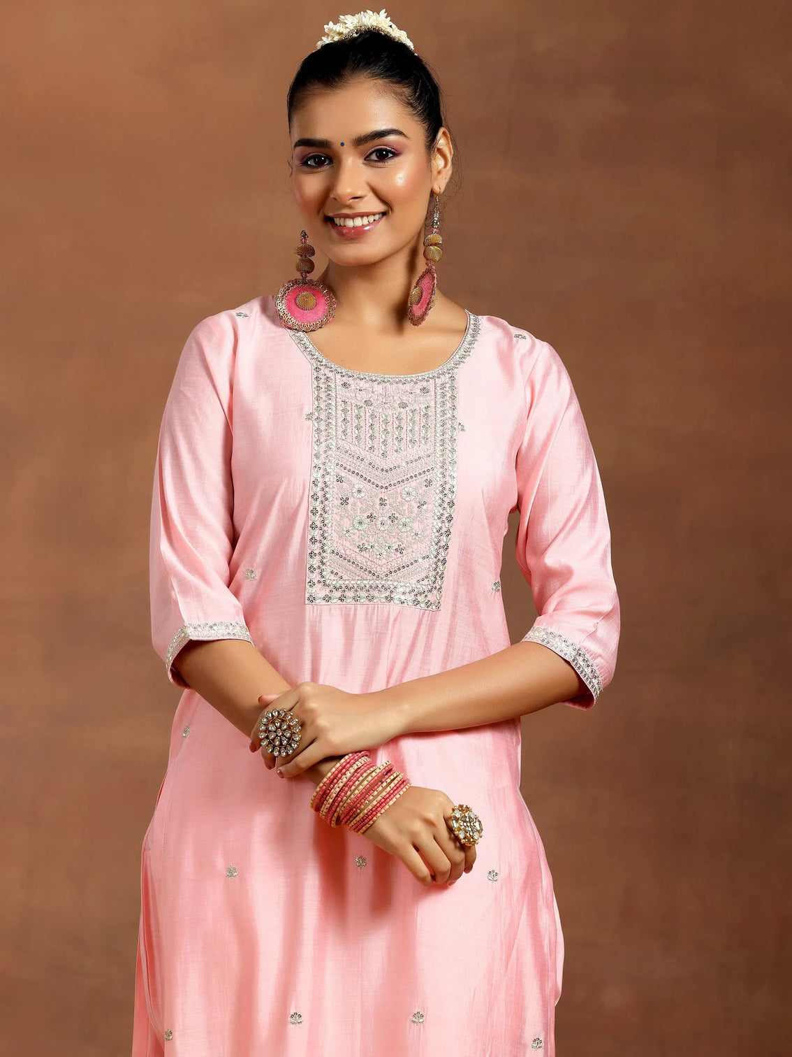 Mameraa Peach Yoke Design Straight Suit With Dupatta