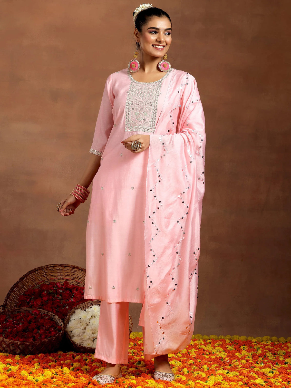 Mameraa Peach Yoke Design Straight Suit With Dupatta