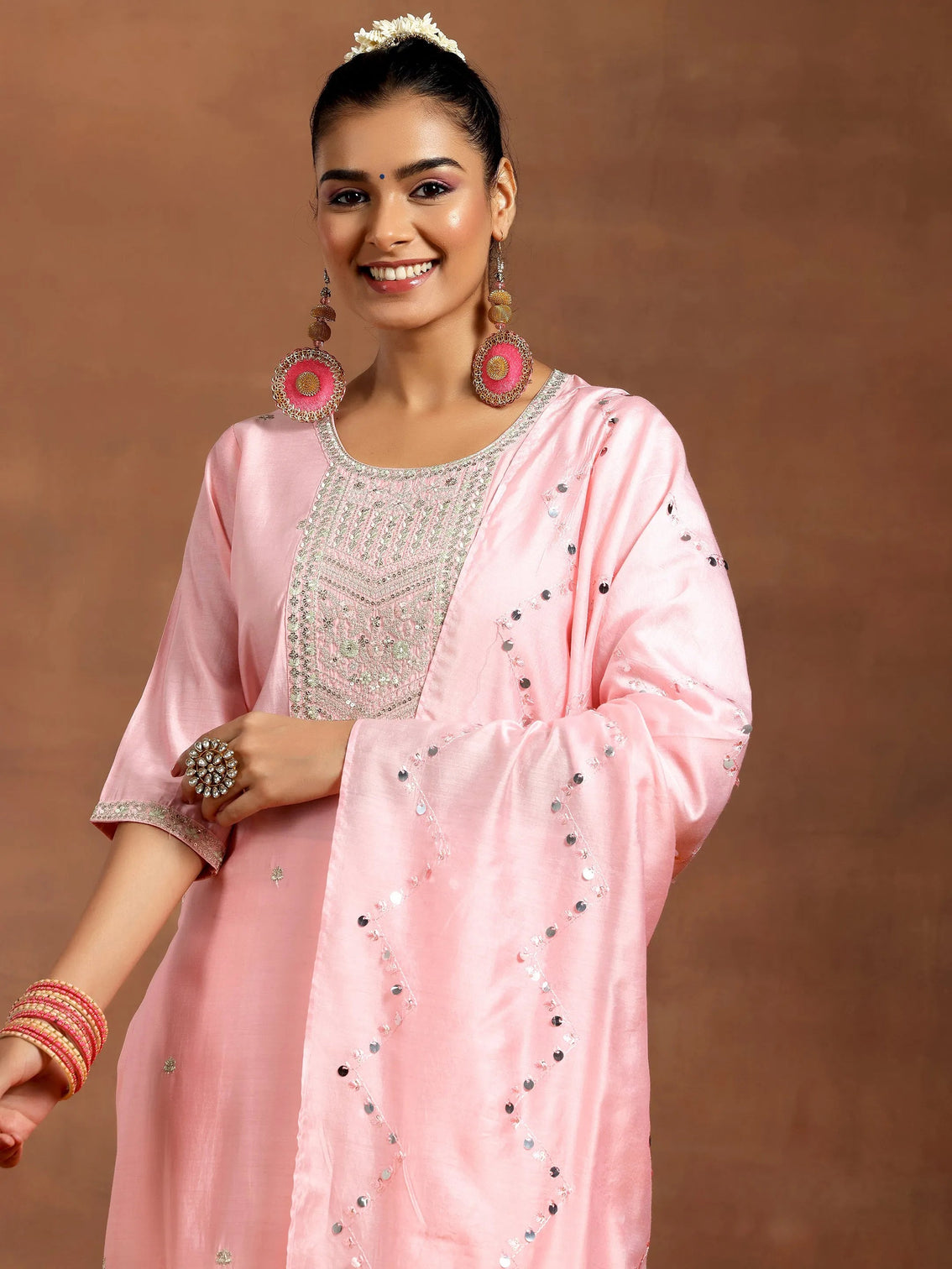 Mameraa Peach Yoke Design Straight Suit With Dupatta